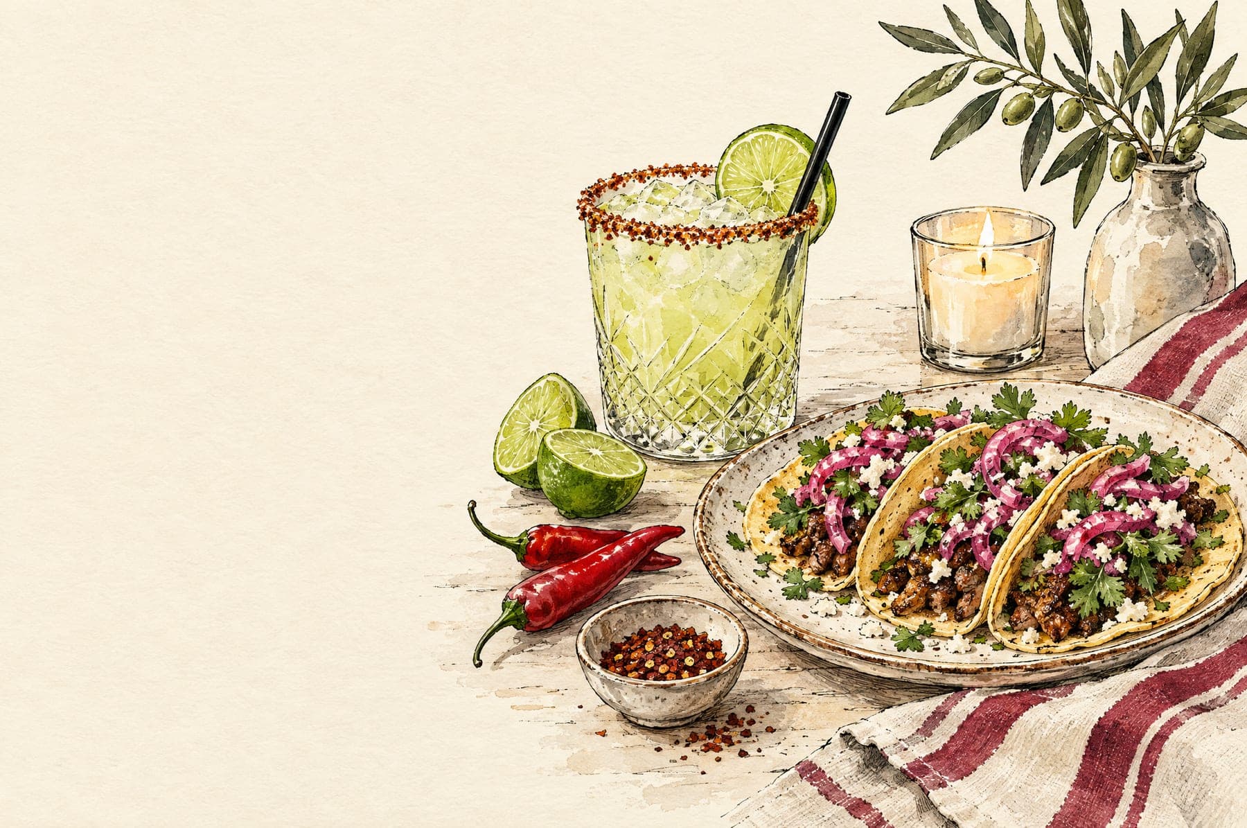 Illustration: a chili-salt margarita, tacos, red chilies and lime on a candlelit table