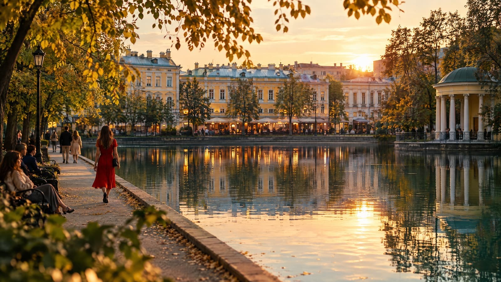 Patriarch's Ponds at golden hour: pastel facades and a columned pavilion reflected in the still water as people stroll the path.