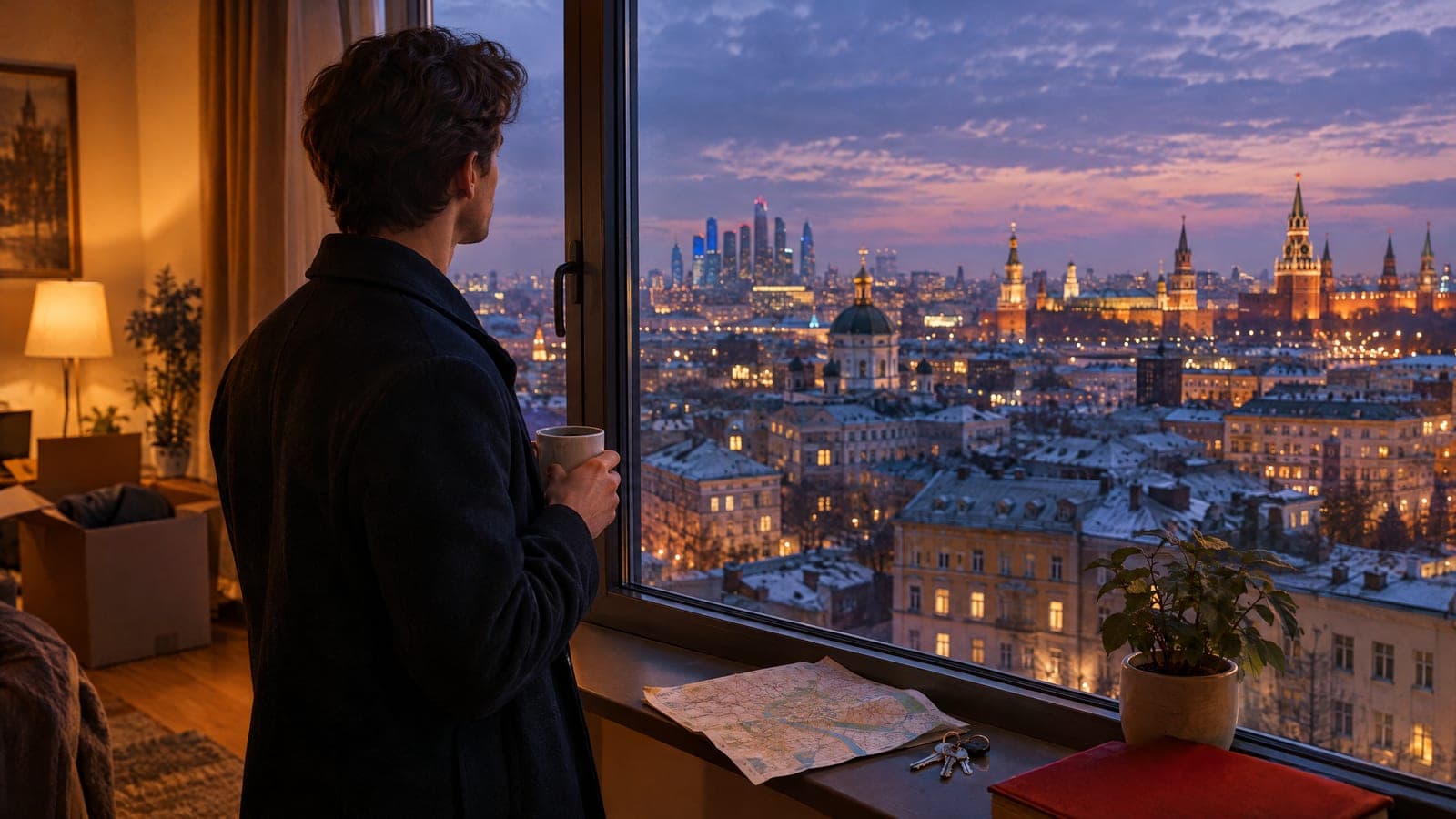 A newcomer with a coffee looks out of a tall apartment window over Moscow's rooftops at dusk, a city map and keys on the sill.