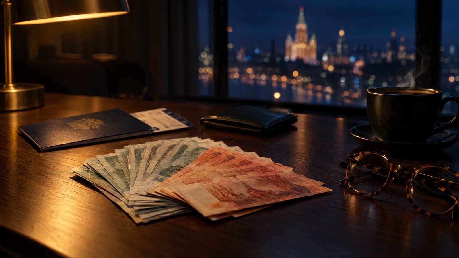 A passport, boarding pass, wallet and a fan of banknotes on a lamplit desk at night, with the Moscow skyline glowing through the window behind.