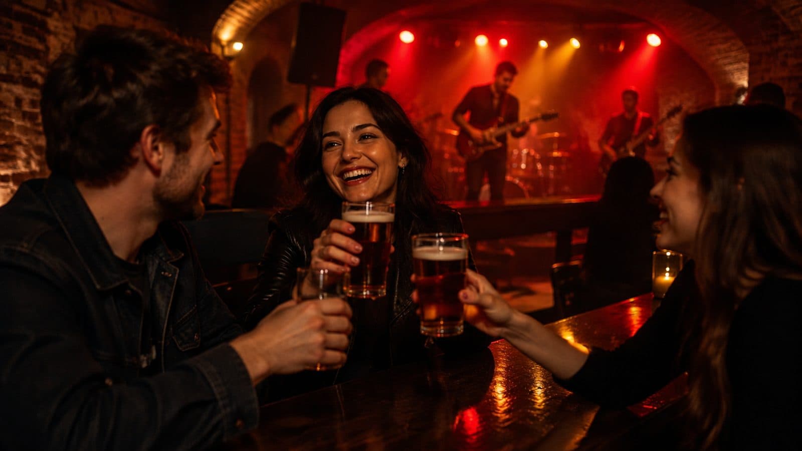 Three friends toast with pints of beer at a dark wood bar while a rock band plays under red stage lights in a brick-vaulted Moscow basement bar.