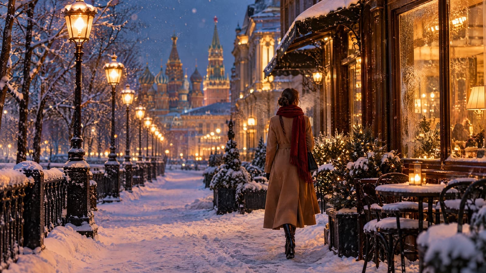 A woman in a camel coat and red scarf walks a snowy lamplit Moscow boulevard at dusk, the Kremlin towers glowing in the distance.