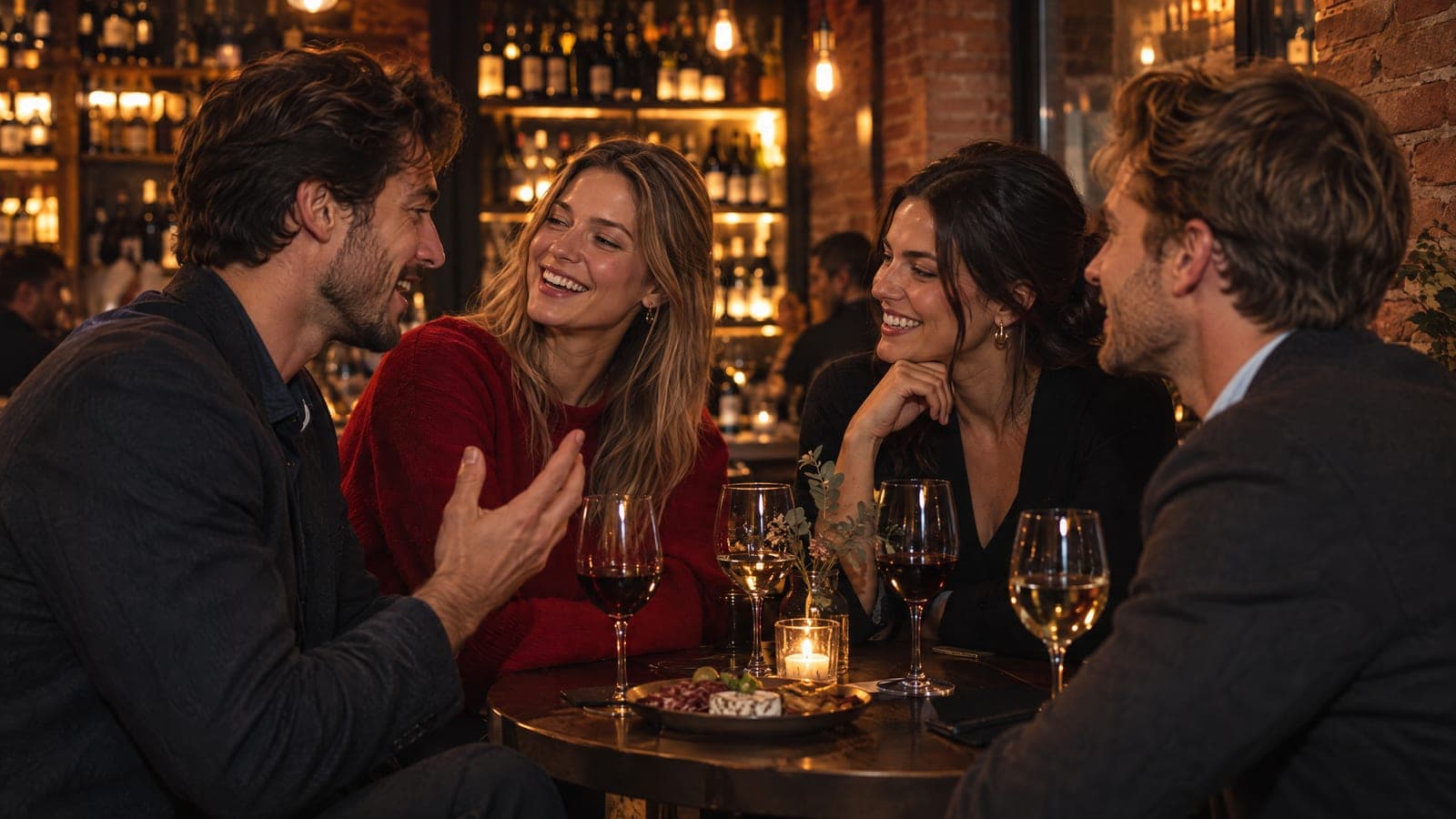 Four new friends laugh together over wine at a small candlelit table in a warm, brick-walled Moscow wine bar.