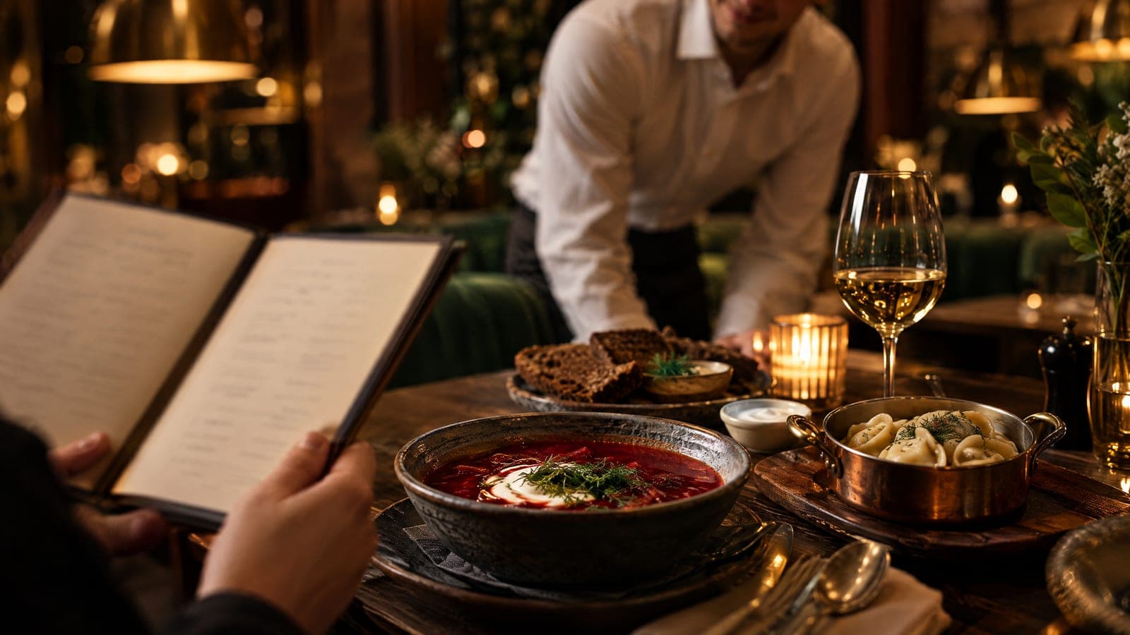 A diner holds an open menu over a candlelit table of borscht, pelmeni and rye bread while a waiter leans in to help.