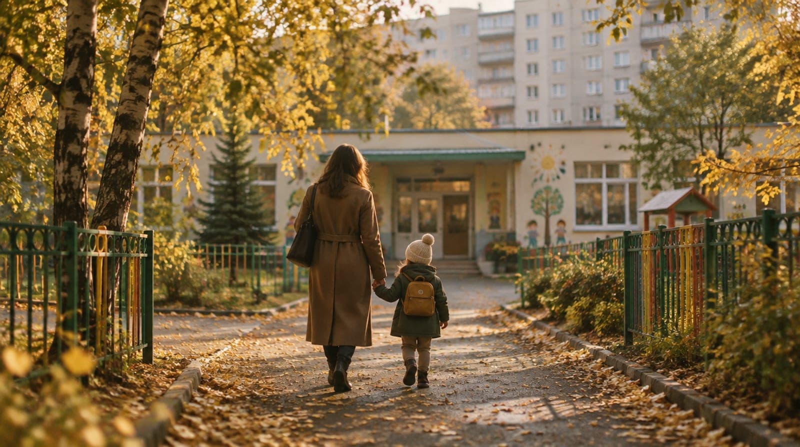 Мама и маленький ребёнок идут за руку к московскому детскому саду осенним утром, вид со спины, вокруг золотые берёзы.